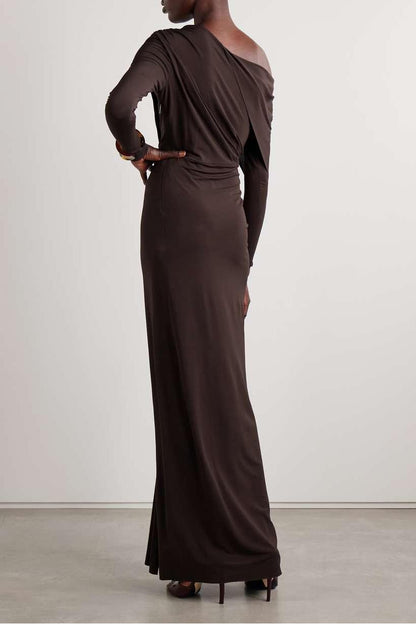 Vestido largo de jersey liso con hombros descubiertos 