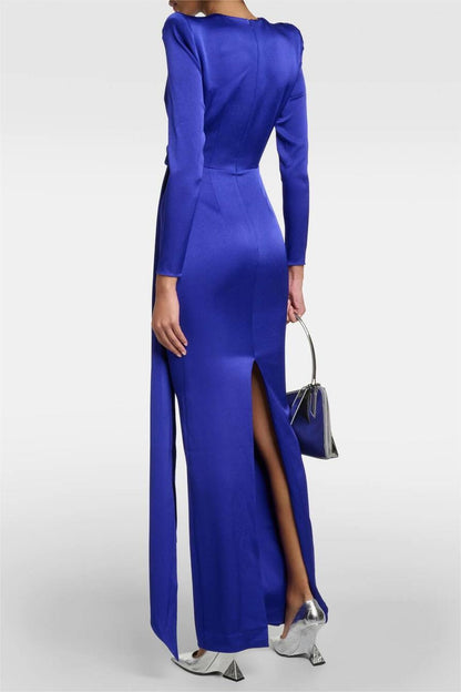 Vestido midi de satén liso de manga larga 