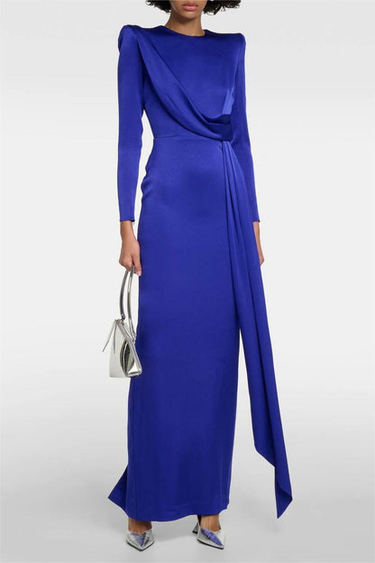 Vestido midi de satén liso de manga larga 