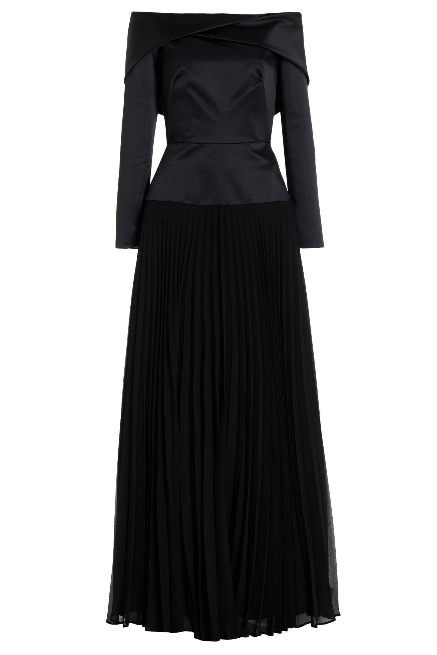 Vestido largo liso plisado con hombros descubiertos 