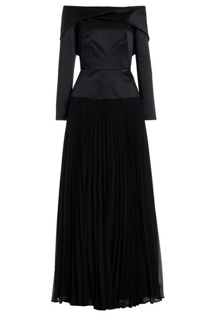 Vestido largo liso plisado con hombros descubiertos 
