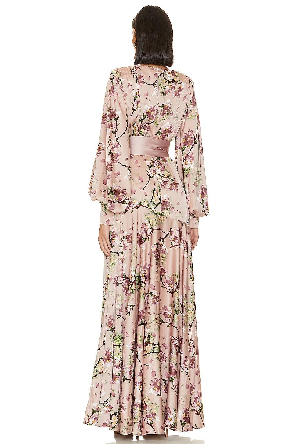 Vestido largo de satén con cuello en V y mangas farol con estampado floral 