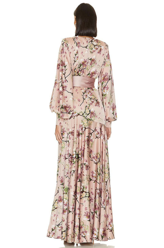 Vestido largo de satén con cuello en V y mangas farol con estampado floral 