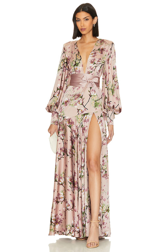 Vestido largo de satén con cuello en V y mangas farol con estampado floral 