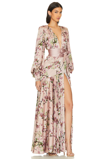 Vestido largo de satén con cuello en V y mangas farol con estampado floral 