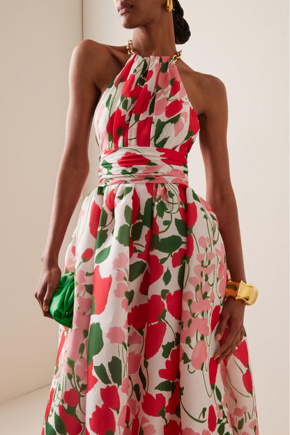 Vestido largo floral con cuello halter de metal 