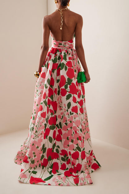 Vestido largo floral con cuello halter de metal 