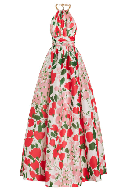 Vestido largo floral con cuello halter de metal 
