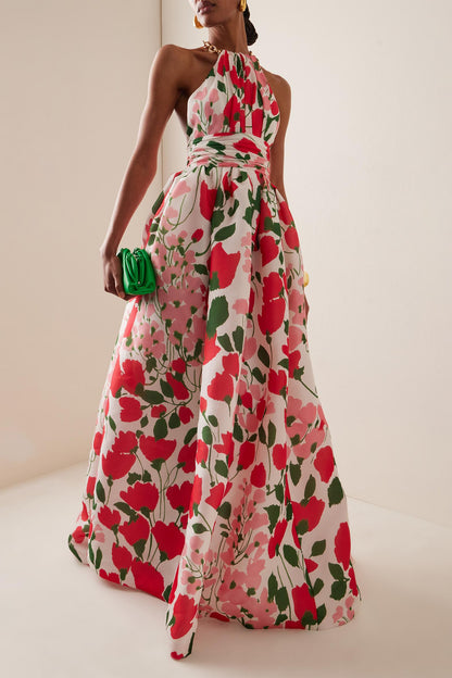 Vestido largo floral con cuello halter de metal 