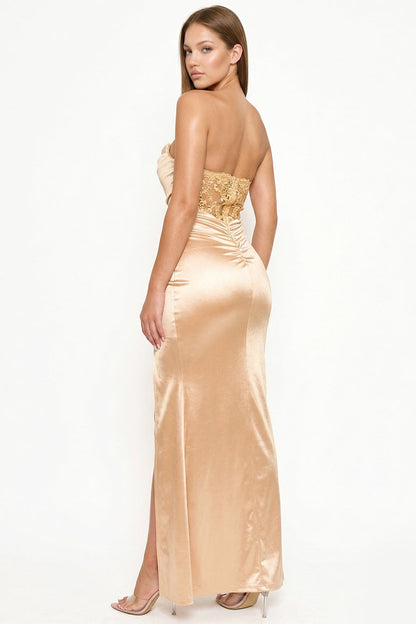 Symphony Dress - Satin Stretch Fabric Pleated Detail Top Maxi Dress