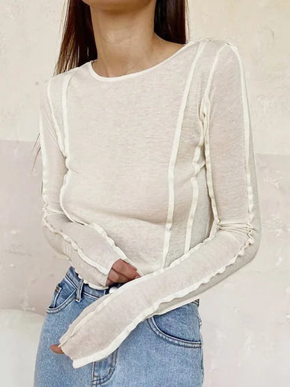 White O-Neck Women’S T-Shirt 2025 Elegant Yellow Long Sleeve Fall Tee Shirt Casual Slim Elastic Solid Top Female