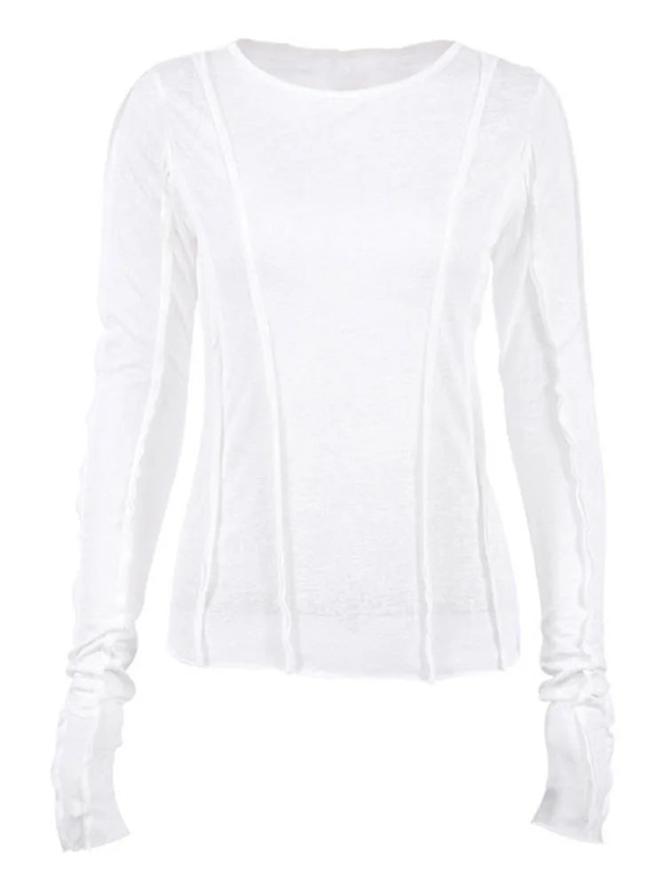 White O-Neck Women’S T-Shirt 2025 Elegant Yellow Long Sleeve Fall Tee Shirt Casual Slim Elastic Solid Top Female