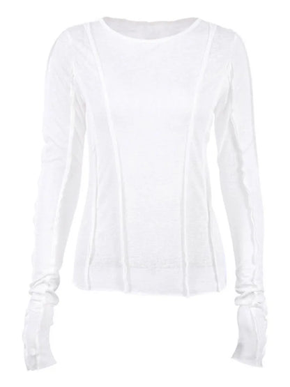 White O-Neck Women’S T-Shirt 2025 Elegant Yellow Long Sleeve Fall Tee Shirt Casual Slim Elastic Solid Top Female