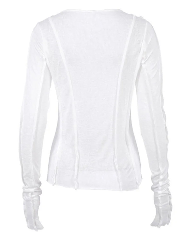 White O-Neck Women’S T-Shirt 2025 Elegant Yellow Long Sleeve Fall Tee Shirt Casual Slim Elastic Solid Top Female