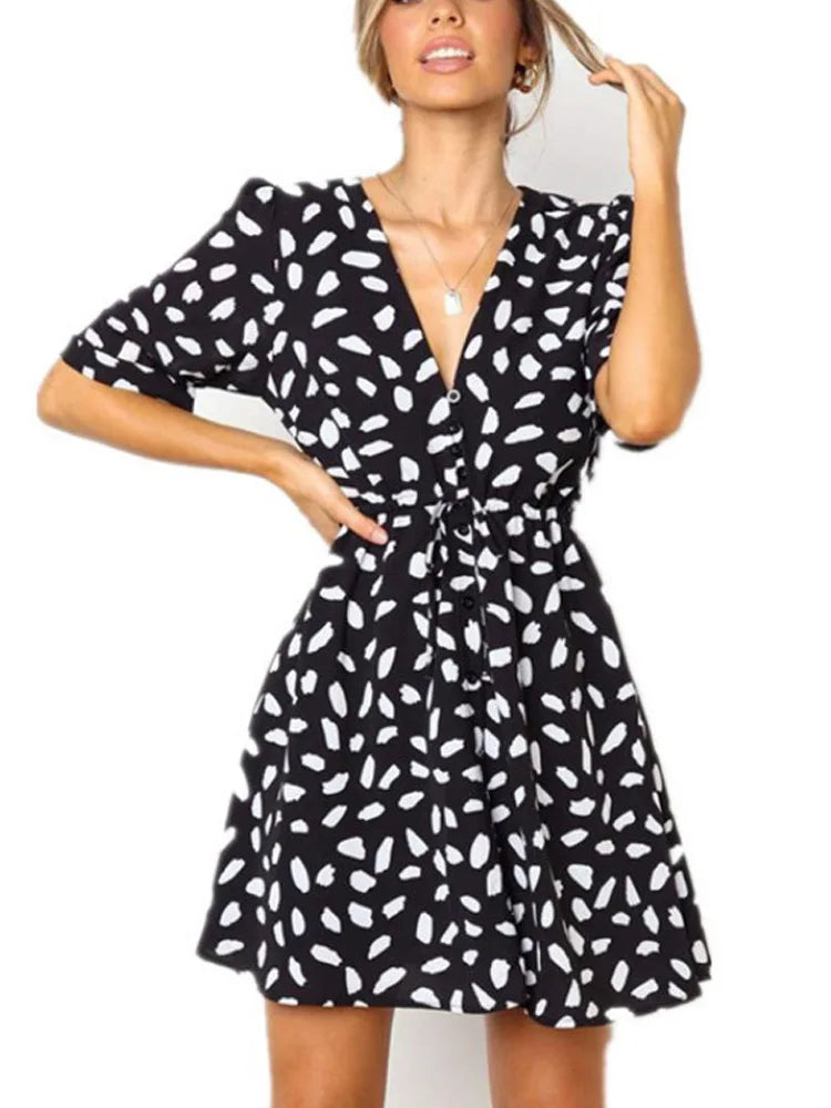Minivestido de verano con estampado de lunares blancos para mujer, cuello en V, informal, para playa, sexy, cruzado con botones, ajustado