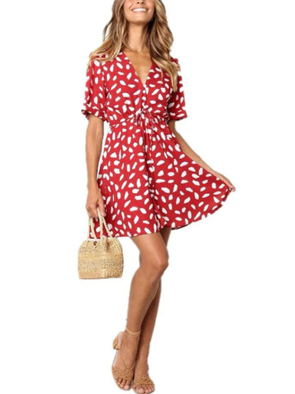 Minivestido de verano con estampado de lunares blancos para mujer, cuello en V, informal, para playa, sexy, cruzado con botones, ajustado