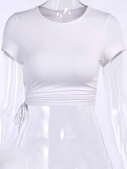 Camiseta blanca corta de verano para mujer, de manga corta, lisa, con cuello redondo, con cordón ajustable, ajustada, a la moda