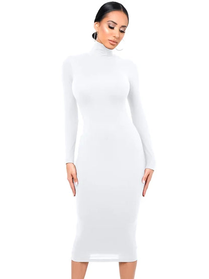 Vestido de invierno negro de cuello alto para mujer, sexy, de otoño, de manga larga, ajustado, midi, informal, azul de felpa, hasta la rodilla, para fiesta y club.