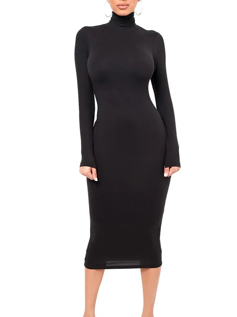 Vestido de invierno negro de cuello alto para mujer, sexy, de otoño, de manga larga, ajustado, midi, informal, azul de felpa, hasta la rodilla, para fiesta y club.