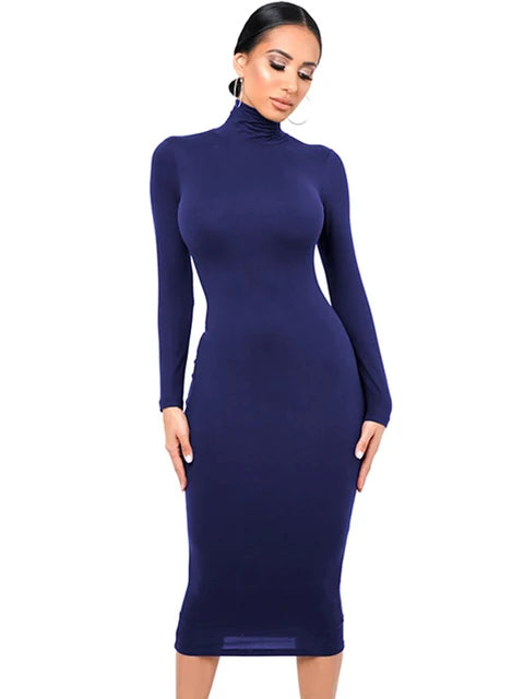 Vestido de invierno negro de cuello alto para mujer, sexy, de otoño, de manga larga, ajustado, midi, informal, azul de felpa, hasta la rodilla, para fiesta y club.