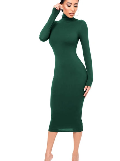 Vestido de invierno negro de cuello alto para mujer, sexy, de otoño, de manga larga, ajustado, midi, informal, azul de felpa, hasta la rodilla, para fiesta y club.
