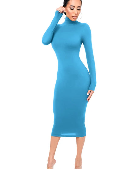 Vestido de invierno negro de cuello alto para mujer, sexy, de otoño, de manga larga, ajustado, midi, informal, azul de felpa, hasta la rodilla, para fiesta y club.