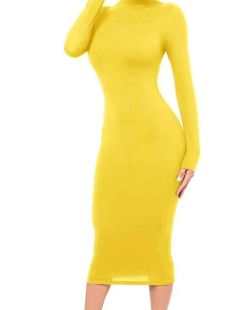 Vestido de invierno negro de cuello alto para mujer, sexy, de otoño, de manga larga, ajustado, midi, informal, azul de felpa, hasta la rodilla, para fiesta y club.