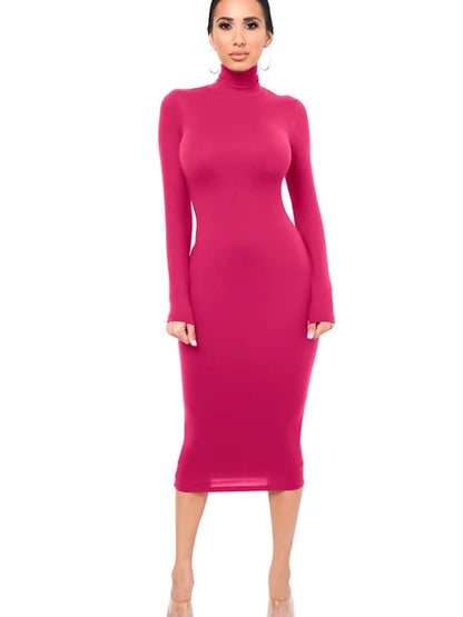 Vestido de invierno negro de cuello alto para mujer, sexy, de otoño, de manga larga, ajustado, midi, informal, azul de felpa, hasta la rodilla, para fiesta y club.