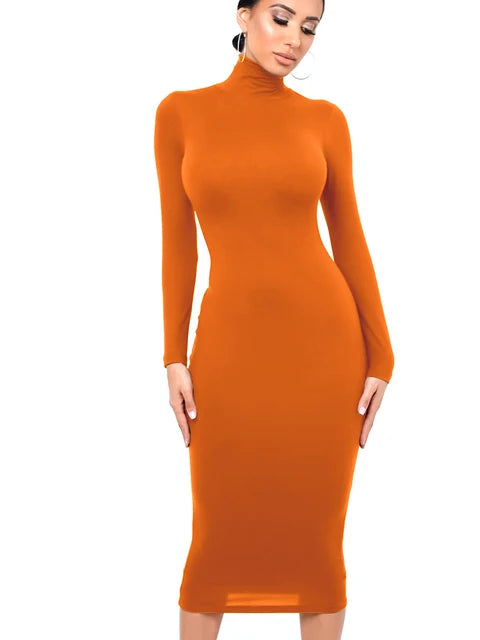 Vestido de invierno negro de cuello alto para mujer, sexy, de otoño, de manga larga, ajustado, midi, informal, azul de felpa, hasta la rodilla, para fiesta y club.