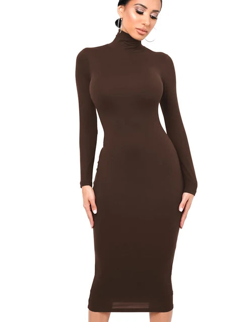 Vestido de invierno negro de cuello alto para mujer, sexy, de otoño, de manga larga, ajustado, midi, informal, azul de felpa, hasta la rodilla, para fiesta y club.