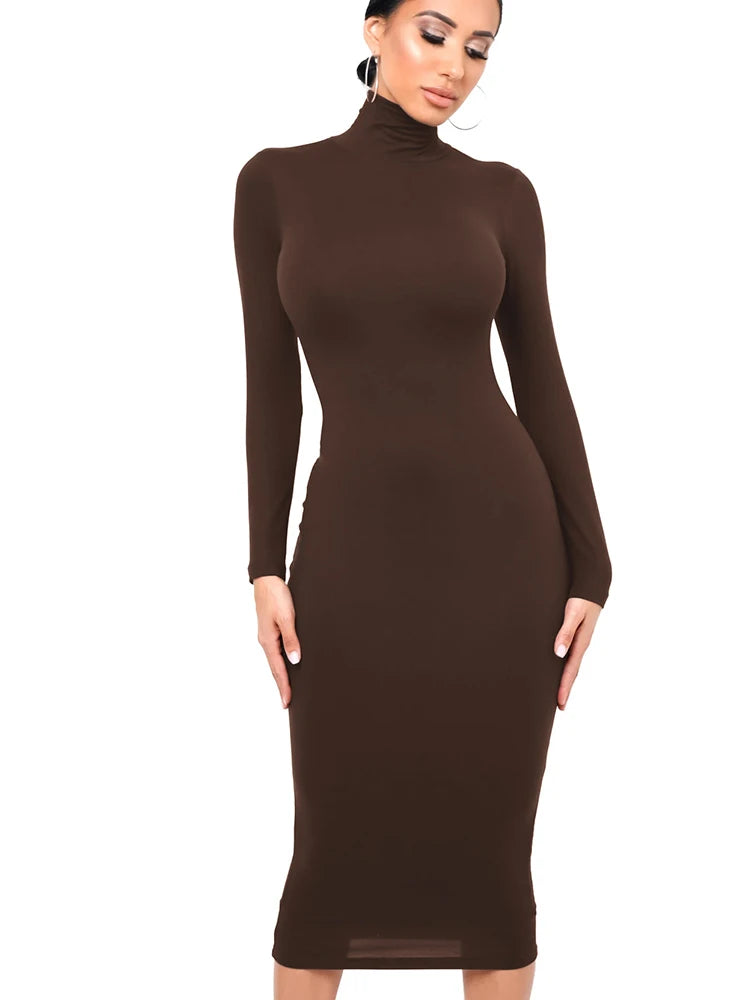 Vestido de invierno negro de cuello alto para mujer, sexy, de otoño, de manga larga, ajustado, midi, informal, azul de felpa, hasta la rodilla, para fiesta y club.