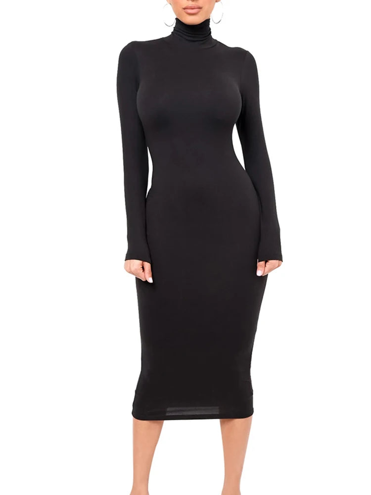 Vestido de invierno negro de cuello alto para mujer, sexy, de otoño, de manga larga, ajustado, midi, informal, azul de felpa, hasta la rodilla, para fiesta y club.