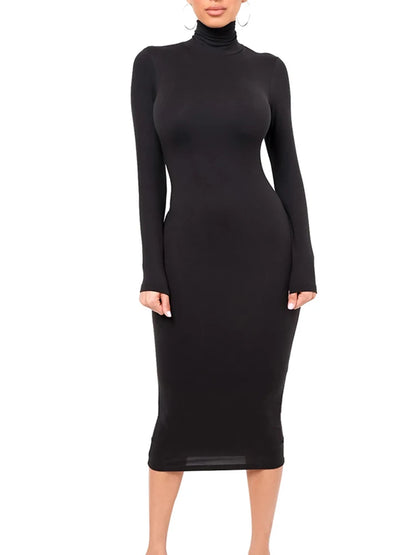 Vestido de invierno negro de cuello alto para mujer, sexy, de otoño, de manga larga, ajustado, midi, informal, azul de felpa, hasta la rodilla, para fiesta y club.