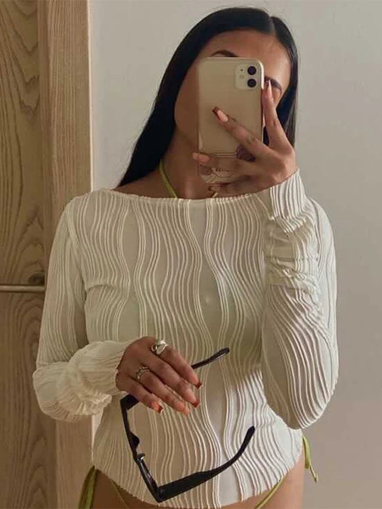 Camiseta informal de manga larga fruncida para mujer, blusa blanca ajustada con parte inferior, ropa de otoño Y2K 2025