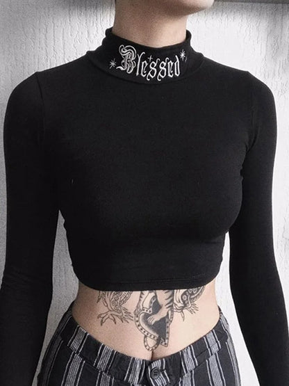 Tops cortos ajustados negros de manga larga para mujer, estilo gótico Harajuku con letras bordadas, tops lisos vintage, tops básicos informales para mujer