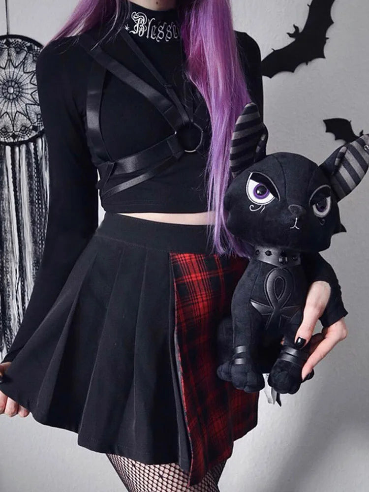Tops cortos ajustados negros de manga larga para mujer, estilo gótico Harajuku con letras bordadas, tops lisos vintage, tops básicos informales para mujer