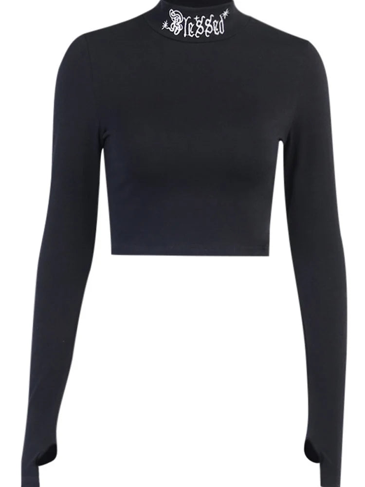 Tops cortos ajustados negros de manga larga para mujer, estilo gótico Harajuku con letras bordadas, tops lisos vintage, tops básicos informales para mujer
