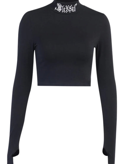 Tops cortos ajustados negros de manga larga para mujer, estilo gótico Harajuku con letras bordadas, tops lisos vintage, tops básicos informales para mujer
