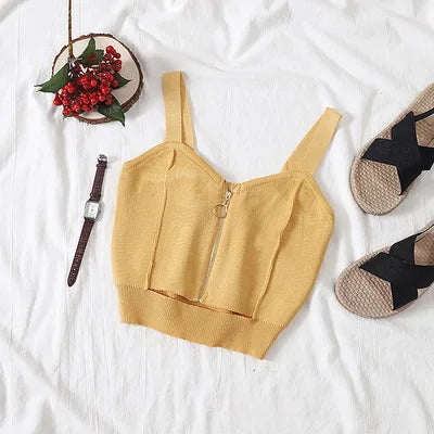 Women Crop Top Club Sexy Zipper Knitting Camisole With Hole Female Tank Tops Ladies Sleeveless Solid Simple Tops Women