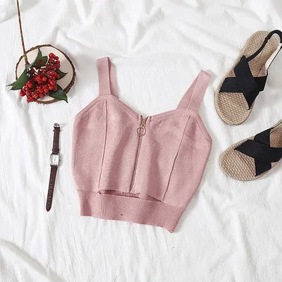 Women Crop Top Club Sexy Zipper Knitting Camisole With Hole Female Tank Tops Ladies Sleeveless Solid Simple Tops Women