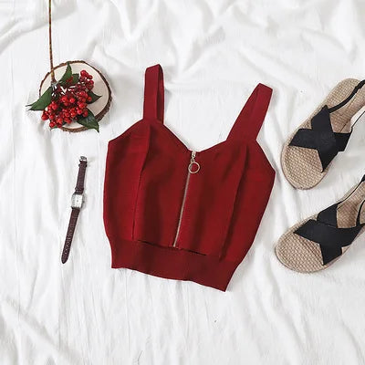 Women Crop Top Club Sexy Zipper Knitting Camisole With Hole Female Tank Tops Ladies Sleeveless Solid Simple Tops Women