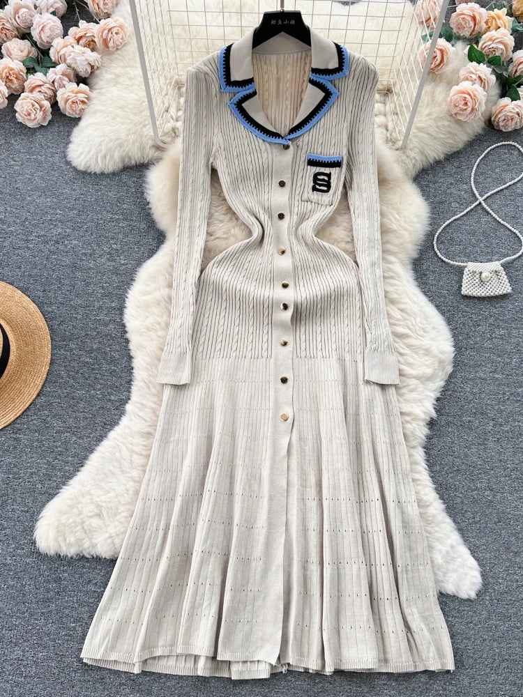 Vestido elegante de punto para mujer, primavera otoño, manga larga, sexy, cuello en V, ajustado, corte en A, suéter de una sola botonadura