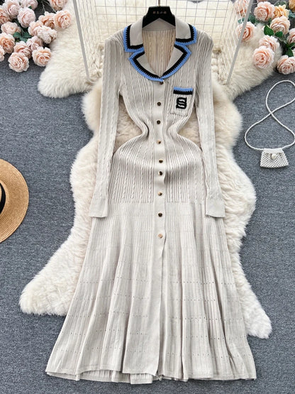 Vestido elegante de punto para mujer, primavera otoño, manga larga, sexy, cuello en V, ajustado, corte en A, suéter de una sola botonadura
