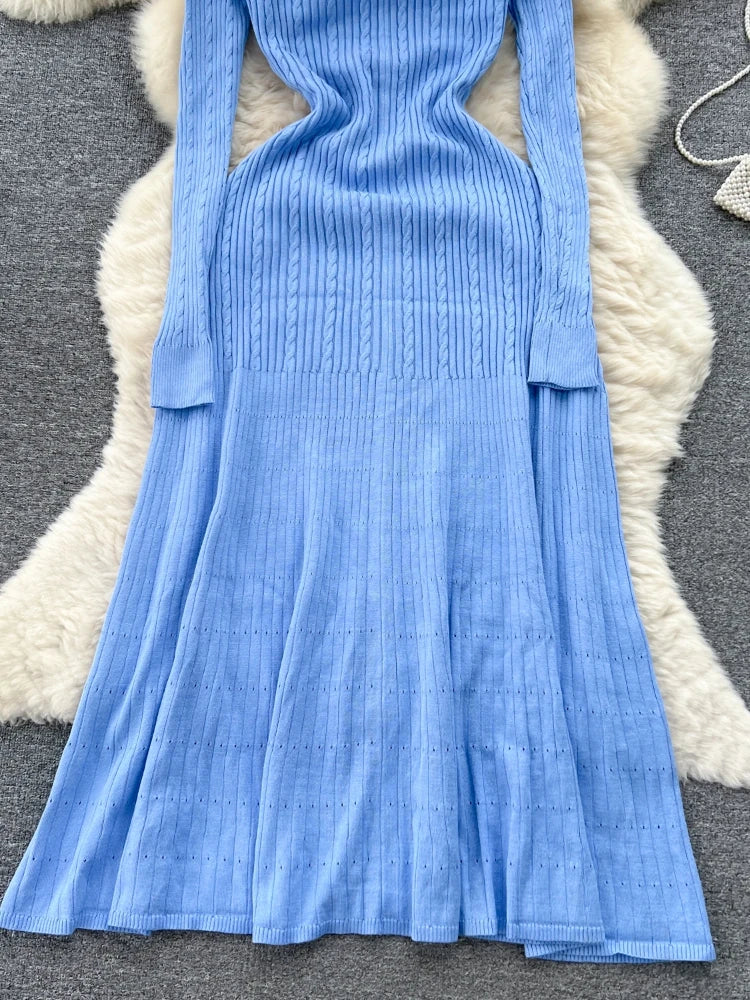 Vestido elegante de punto para mujer, primavera otoño, manga larga, sexy, cuello en V, ajustado, corte en A, suéter de una sola botonadura