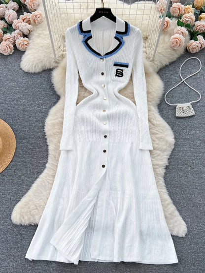 Vestido elegante de punto para mujer, primavera otoño, manga larga, sexy, cuello en V, ajustado, corte en A, suéter de una sola botonadura