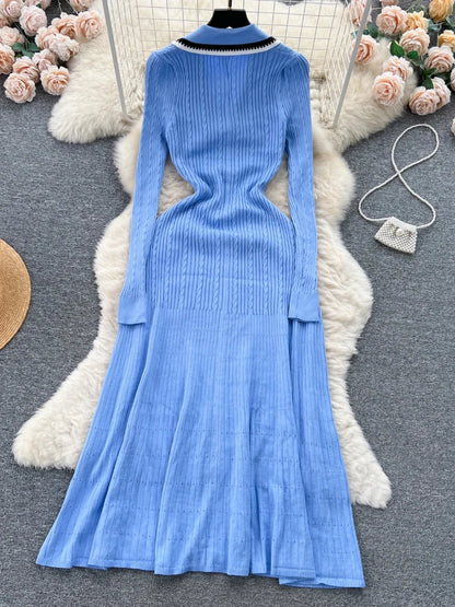 Vestido elegante de punto para mujer, primavera otoño, manga larga, sexy, cuello en V, ajustado, corte en A, suéter de una sola botonadura