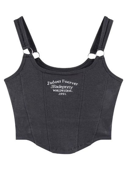 Camisetas sin mangas con letras bordadas y relleno para mujer, camisolas casuales Y2K, tops cortos para mujer, camisetas sin mangas con anilla de hierro y cinturón para el hombro
