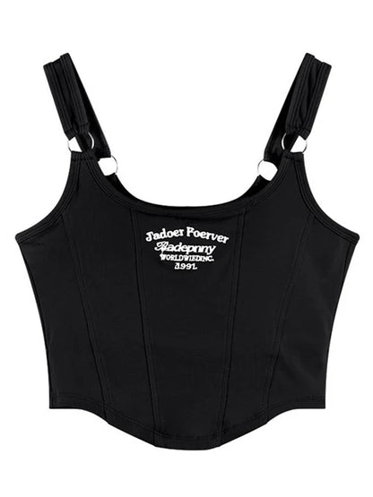 Camisetas sin mangas con letras bordadas y relleno para mujer, camisolas casuales Y2K, tops cortos para mujer, camisetas sin mangas con anilla de hierro y cinturón para el hombro