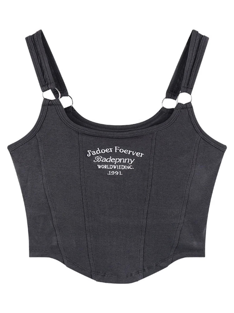 Camisetas sin mangas con letras bordadas y relleno para mujer, camisolas casuales Y2K, tops cortos para mujer, camisetas sin mangas con anilla de hierro y cinturón para el hombro
