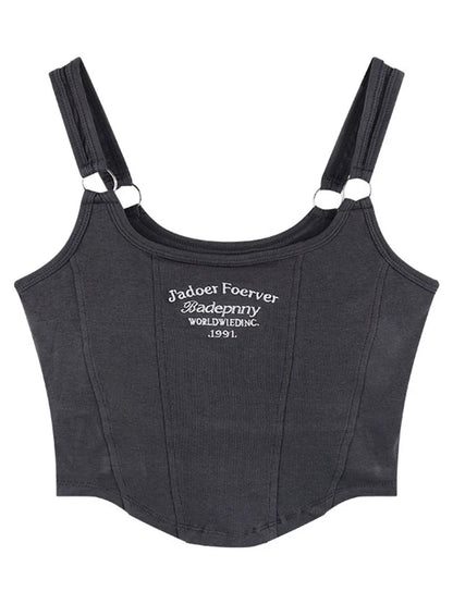 Camisetas sin mangas con letras bordadas y relleno para mujer, camisolas casuales Y2K, tops cortos para mujer, camisetas sin mangas con anilla de hierro y cinturón para el hombro